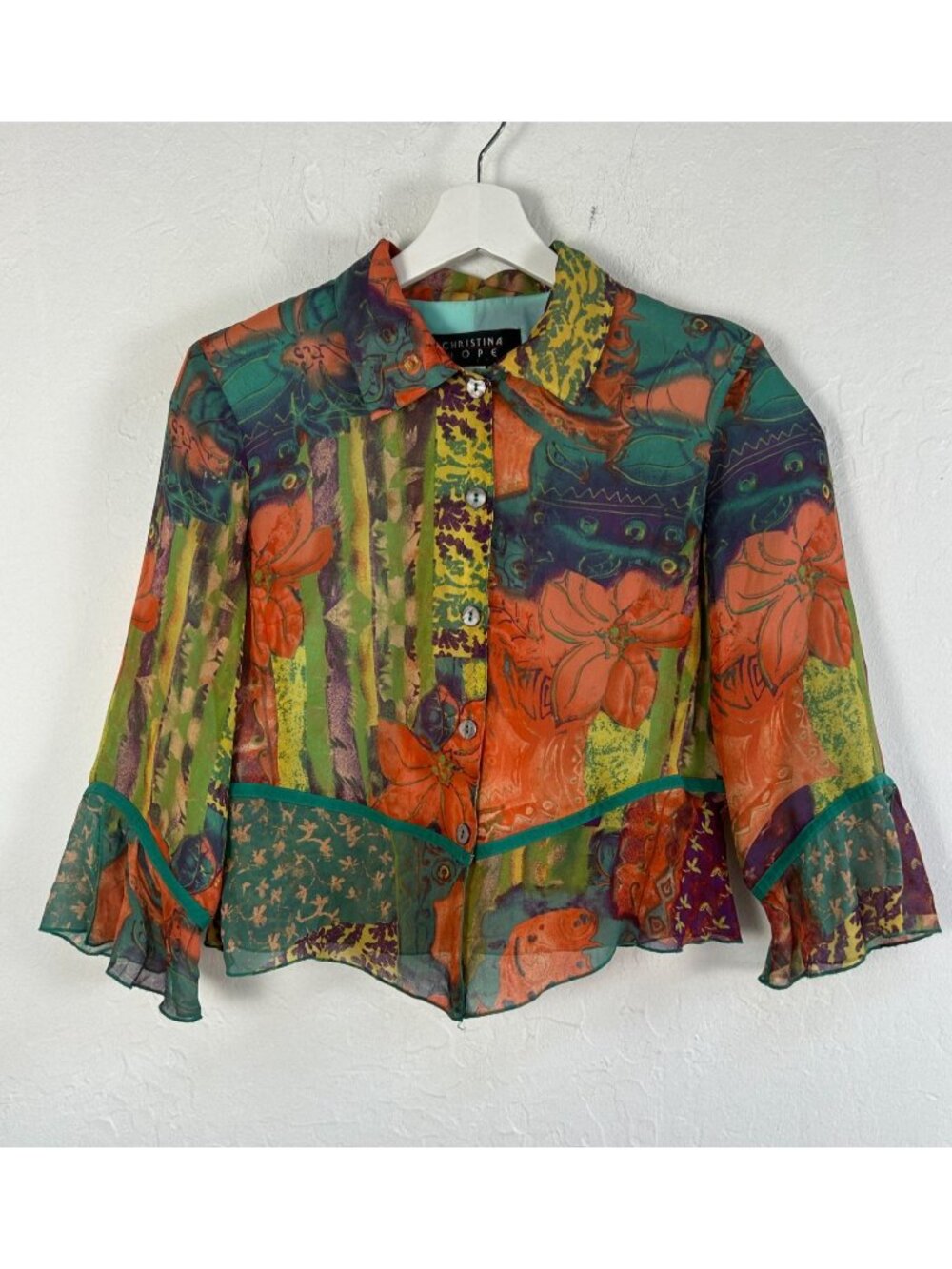 Christina Hope Womens Multicolor Floral Silk Blouse Small Petite Ruffled Sleeve
